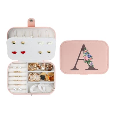 Letter Travel Jewelry Box for Girls Women Gifts, Portable PU Leather Jewelry Organizer Case Storage Display Holder - Pink
