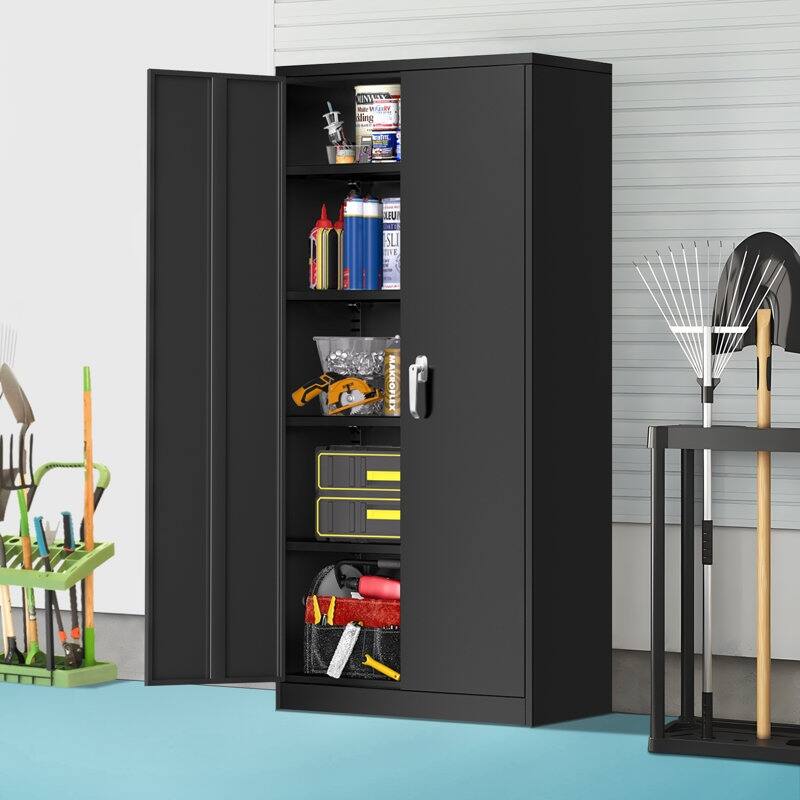 Tall Metal Locker Garage Storage Cabinet with Locking Doors and Adjustable Shelves for Office, Garage, Home, Pantry - Black