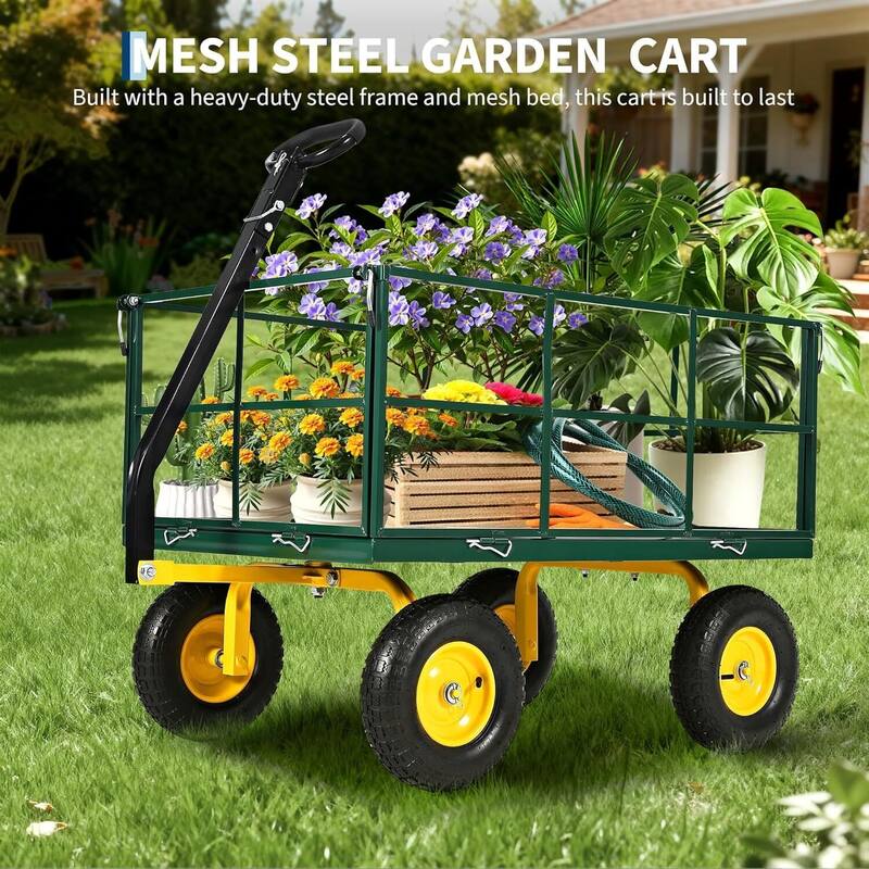 Heavy Duty Outdoor Folding Utility Garden Cart with Removable Sides and Wheels, 1500 LBS Load