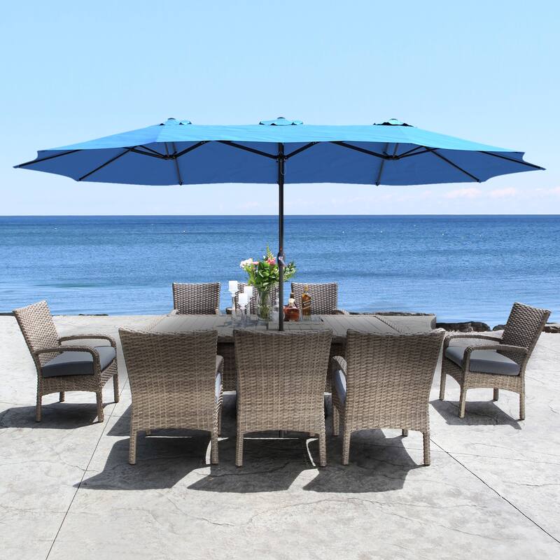 Clihome 15 Ft Outdoor Rectangular Crank Market Umbrella with Base - Turquoise
