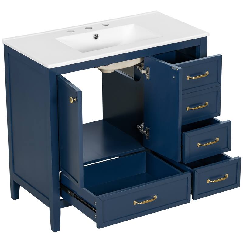 Roomfitters Bathroom Vanity with Sink, Cabinet with Soft-closing Door and Four Drawers of Varying Sizes, Solid Wood Frame