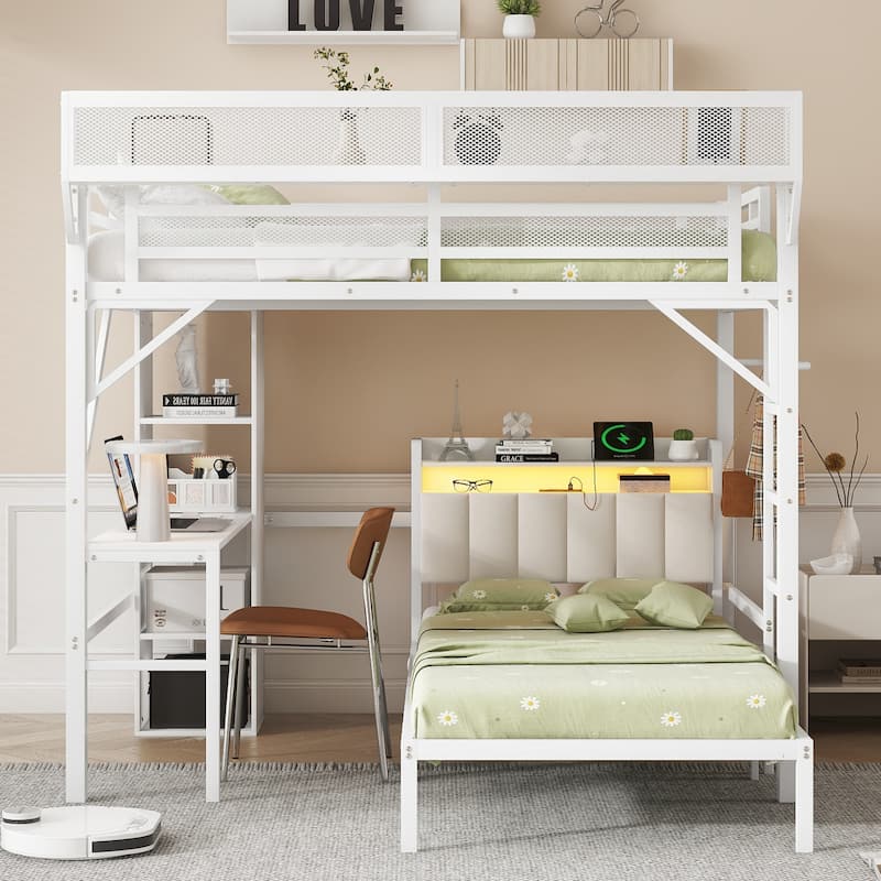 Full over Twin Bunk Bed with Desk, Bookshelves, Charging Station & LED Lights, Detachable Metal Loft Bed