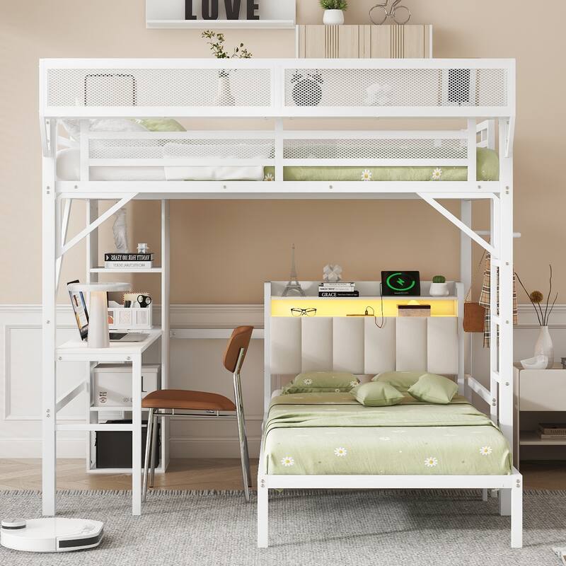 Full over Twin Metal Bunk Bed with Desk and Bookshelves,Detachable Metal Bunk Bed with LED and Charge Station