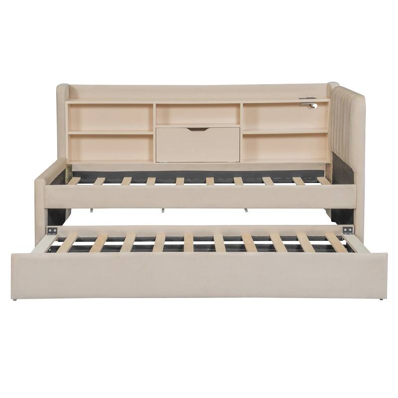 Twin Size Upholstered Daybed with Trundle, Storage Platform Bed Frame with Shelves and Charging Station