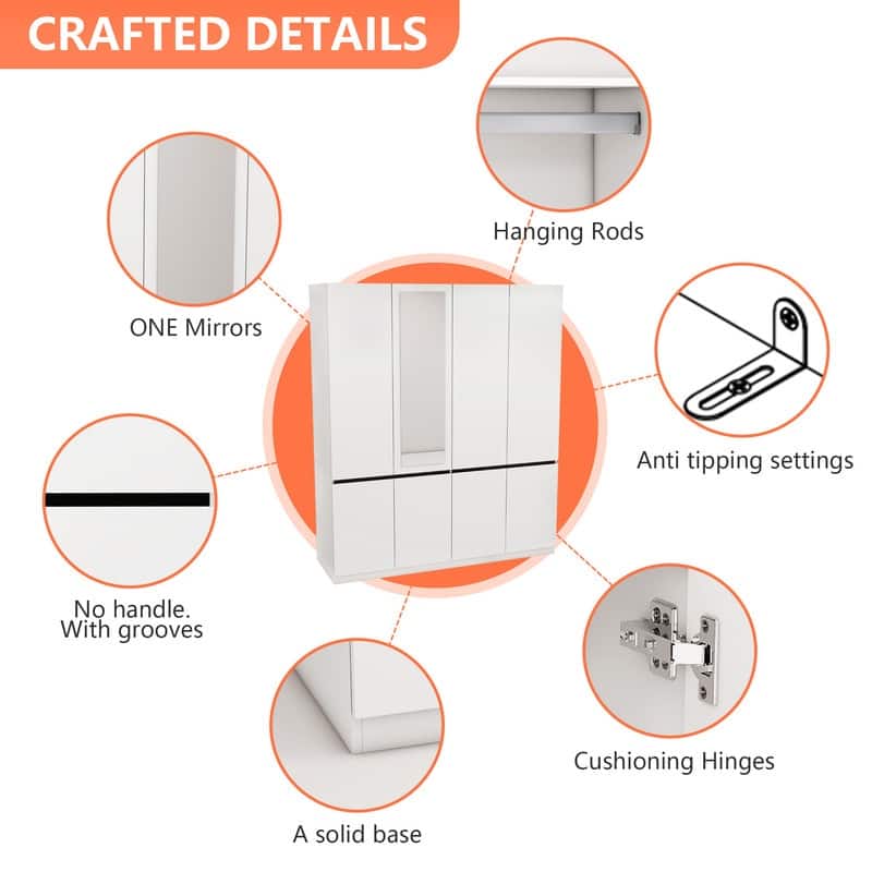63"W White Wardrobe Armoire Closet,Large Wardrobe Cabinet with Hanging Rod and mirror, Clothes Storage Cabinet