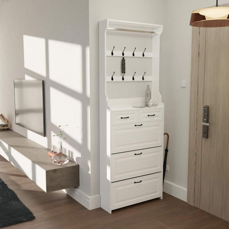 Entryway Shoe Cabinet with Hooks-3 Flip Drawers-Up to 12 Pairs of Shoe