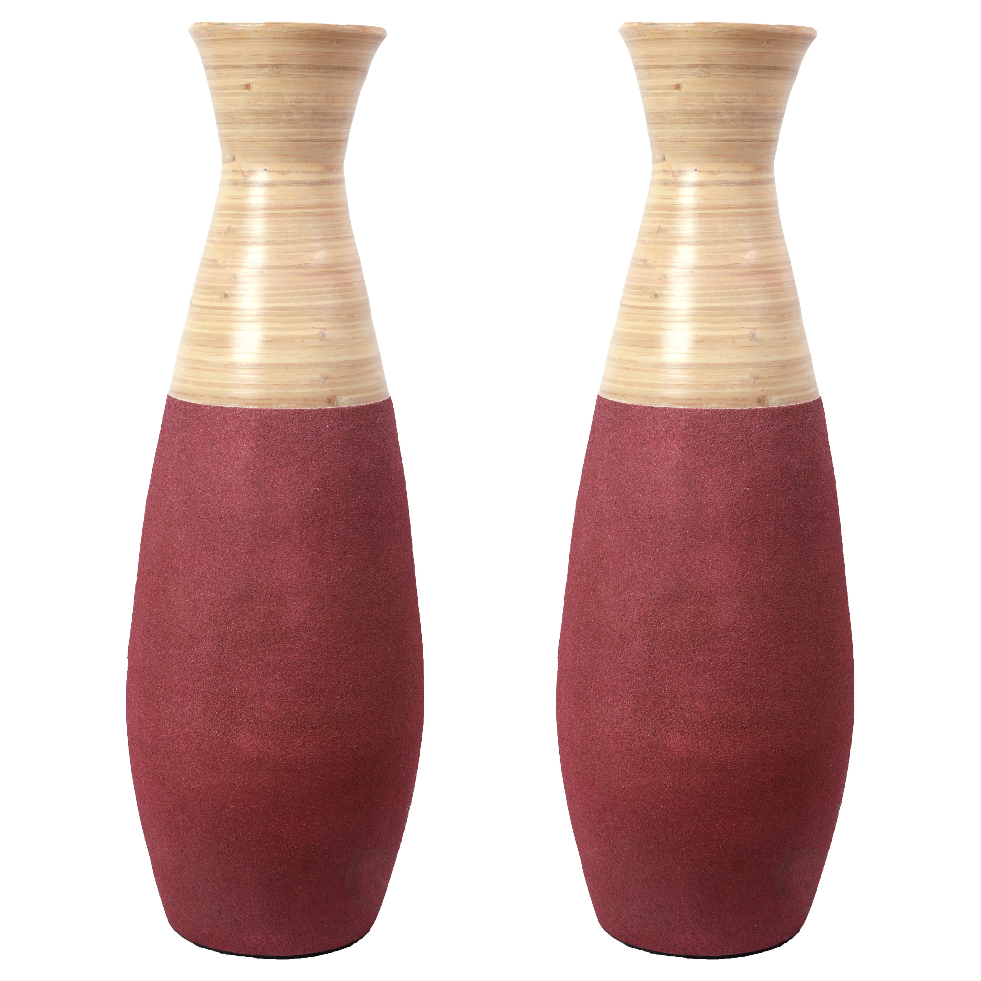 31.5 inch Tall Handcrafted Bamboo Floor Vase, Burgundy and Natural Finish, Decorative Accent, Large Bamboo Floor Vase