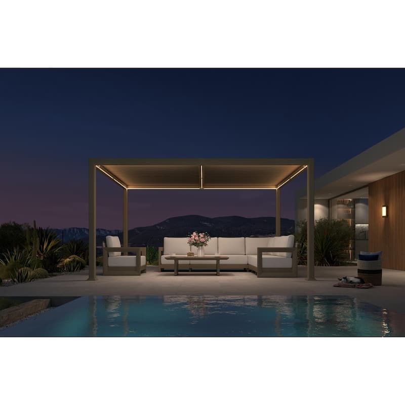 PURPLE LEAF Solar Louvered Pergola with LED String Lights Aluminum Outdoor Pergola with Adjustable Roof for Patio Garden - 10' x 14' - Champagne