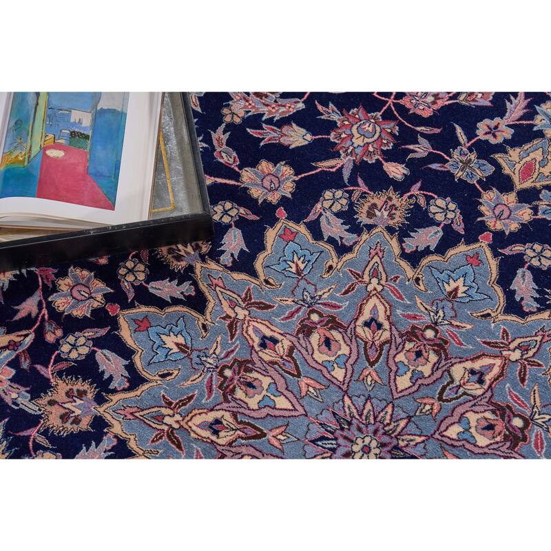 EXQUISITE RUGS ONE-OF-A-KIND Super Fine Isfahan Hand Knotted Navy/Beige Rug - 8'3"x11'2"