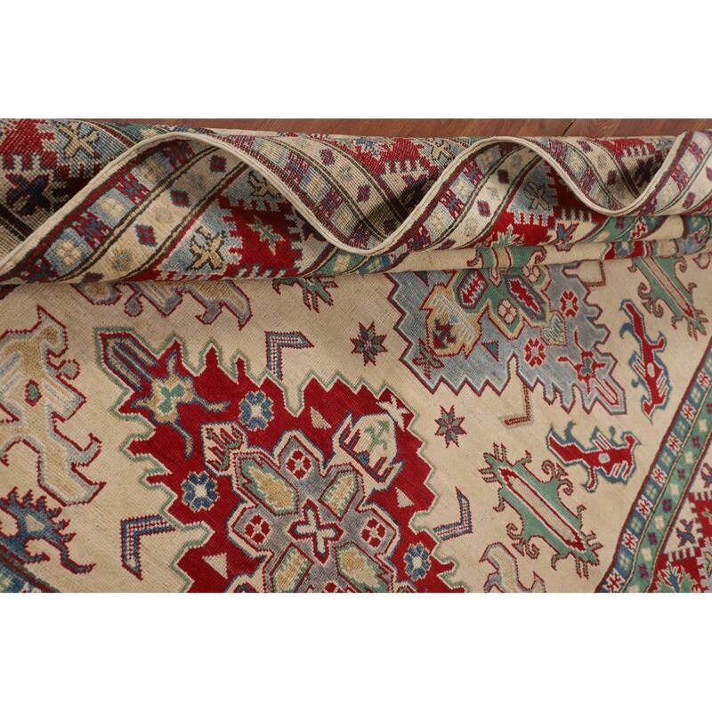 Hand Knotted Oriental 100% Wool Carpet Traditional Geometric Beige & Ivories Kazak Area Rug - 8' 0'' X 5' 8''