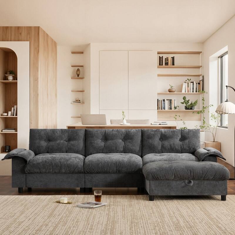 104*60" Sectional Sofa, L-Shape with Multifunctional Armrest, Dual-Port Charging, Cup Holder - Dark Gray