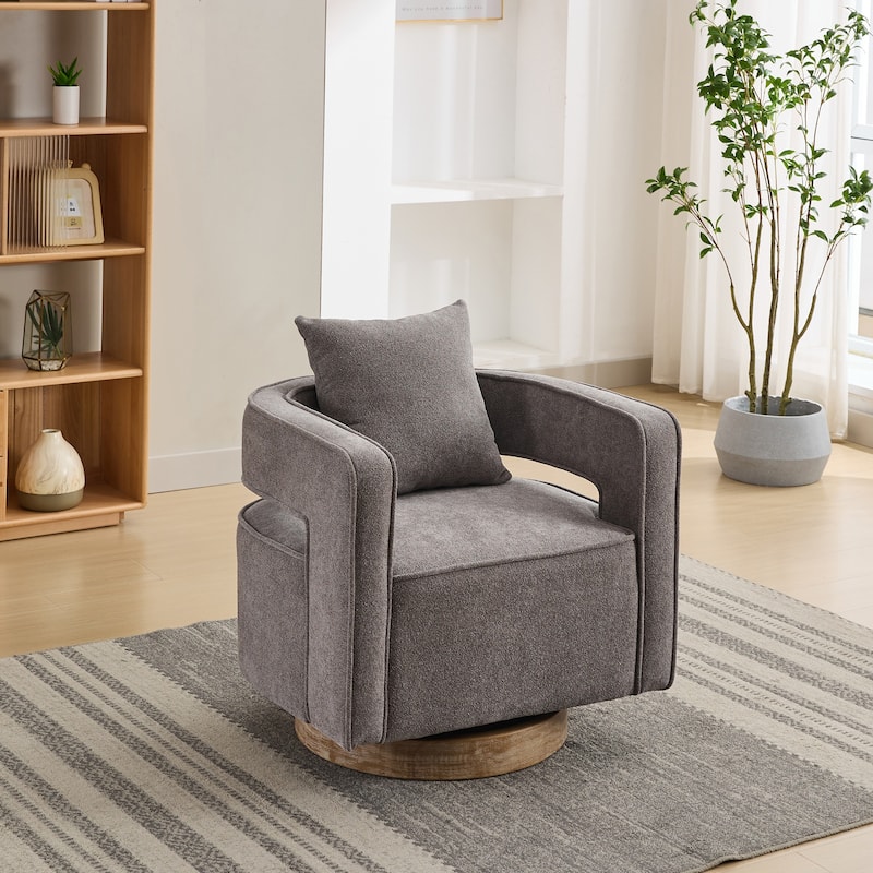 Charcoal Modern 29.13" Swivel Open Back Accent Chair With Weathered Finishing Rubber Wood Base and Pillow