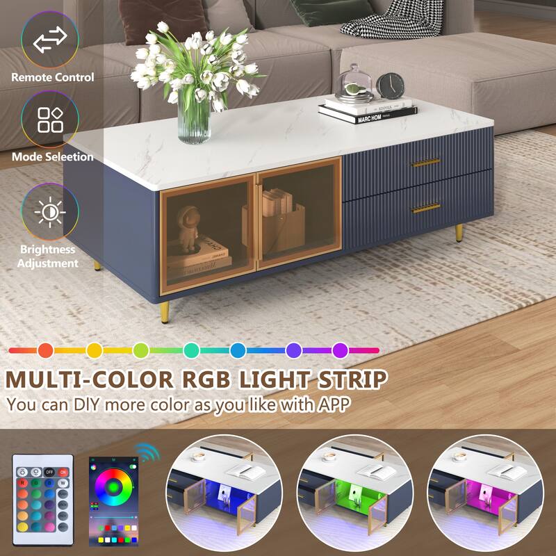 47.2" Modern Coffee Table with 2 Glass Door, 4 Drawers and Multi-Color Lighting