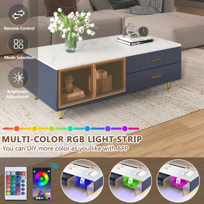 Modern 47.2" Coffee Table with 2 Glass Door Storage, 4 Drawers, Wooden Decorative Cocktail Table with Gold Metal Legs