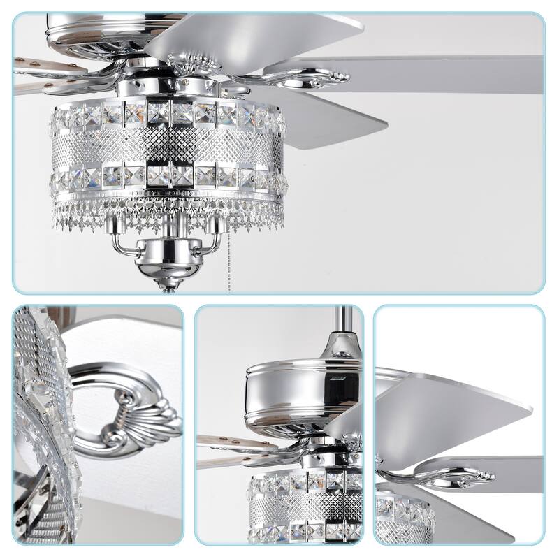 52'' Classical Crystal Ceiling Fan Lamp 5 Reversible Blades,Chrome(Hand Pull Chain)