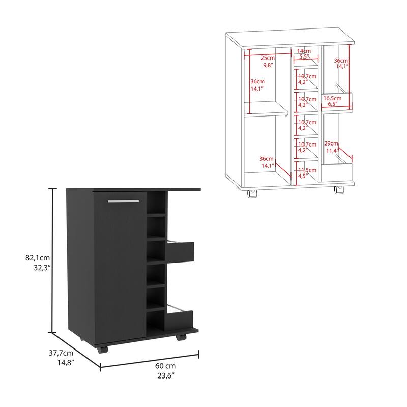 TUHOME Bar Cart, Two External Shelves, Four Casters, Six Built-in Wine Rack and Single Door Cabinet - 23" W x14"D x 32"H
