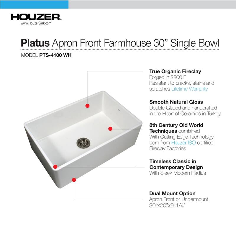 Houzer PTS-4100-C Platus 30" Farmhouse Single Basin Fireclay Kitchen