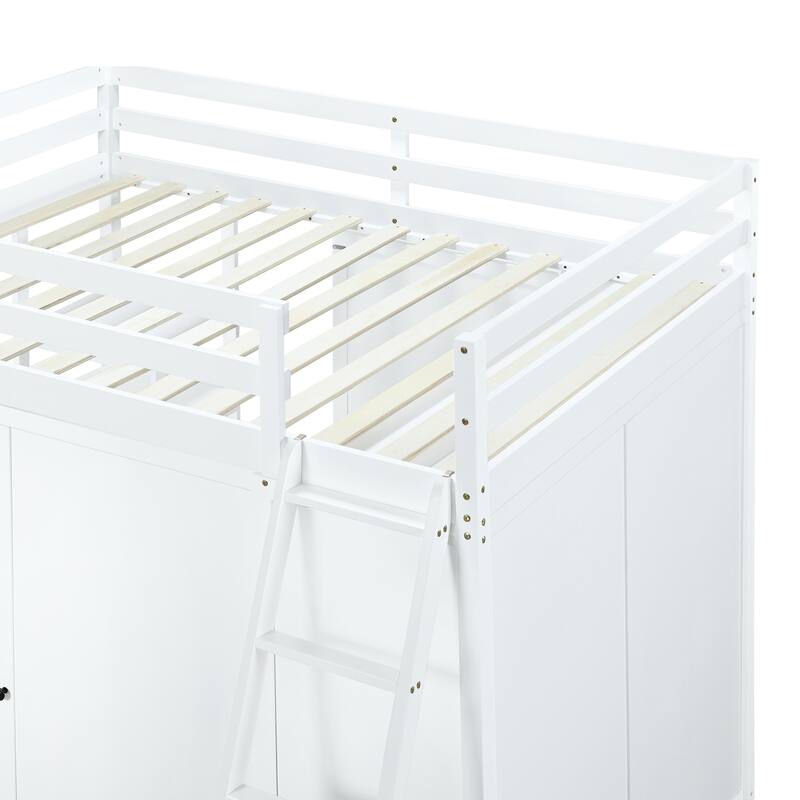Full Pine Loft Bed with Wardrobe, Desk, Shelves, and Guardrail