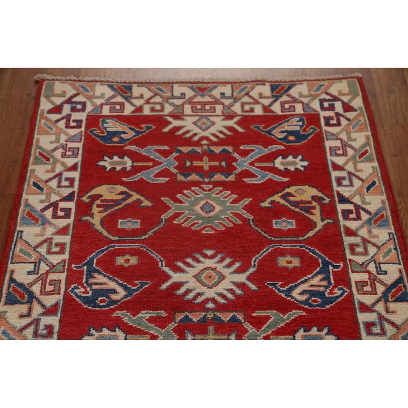 Red Geometric Kazak Oriental Traditional Wool Runner Rug Hand-knotted - 2'8" x 9'8"
