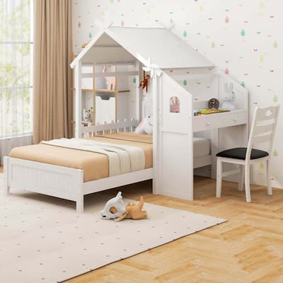Teens Twin Bed w/ Desk Chair 2 Drawers Windmill Fence & Headboard