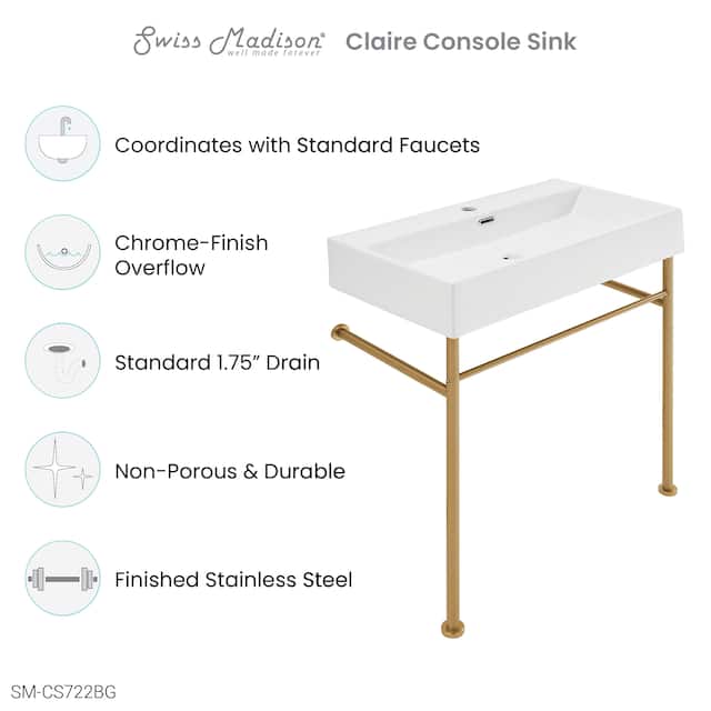 Claire Ceramic Console Sink White Basin Gold Legs