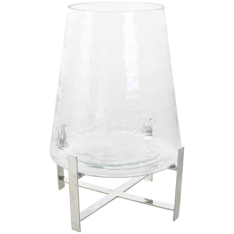 Stainless Steel Metal Hurricane Lamp with Stainless Steel X Shaped Base - Clear - Roche River Decor