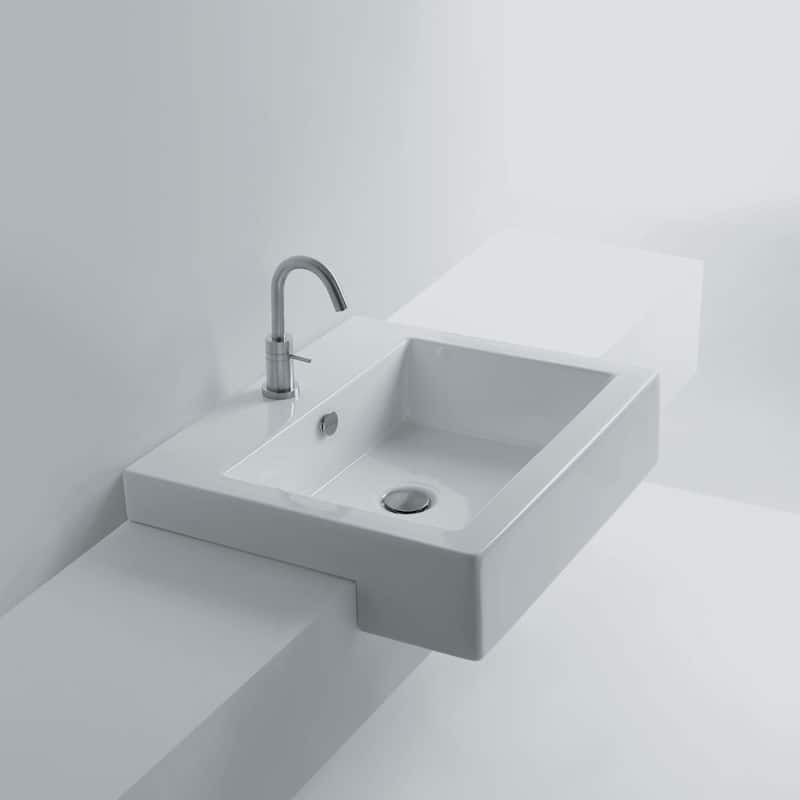 WS Bath Collections Quad 24" Semi-Recessed Bathroom Sink with Single - Ceramic White