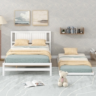 Full Size Platform Bed with Adjustable Trundle & Sturdy Headboard, White