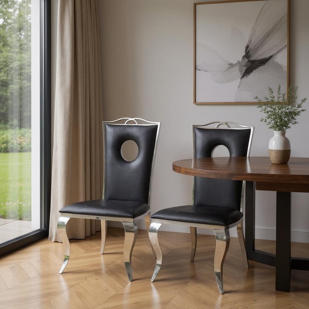 HomeRoots Set of Two Black And Silver Upholstered Faux Leather Dining Side Chairs - 19.00 in. x 44.00 in. x 21.00 in.