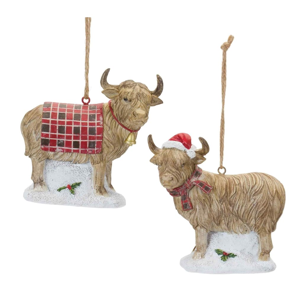 Set of 6 Brown and Red Highland Cow Christmas Ornaments 4.25"