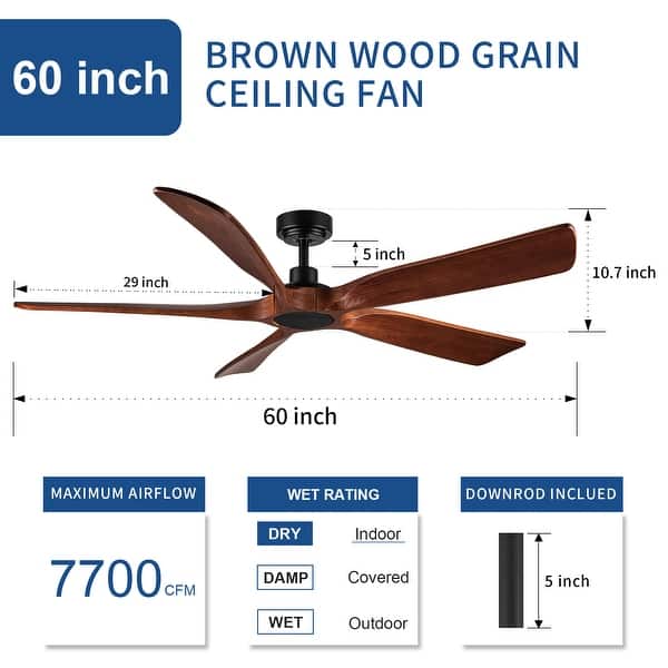 dimension image slide 1 of 5, YUHAO SylvanAir Modern 52 in. Flush Mount Outdoor/Indoor Ceiling Fan with 3 Solid Wood Blades and DC Reversible Motor