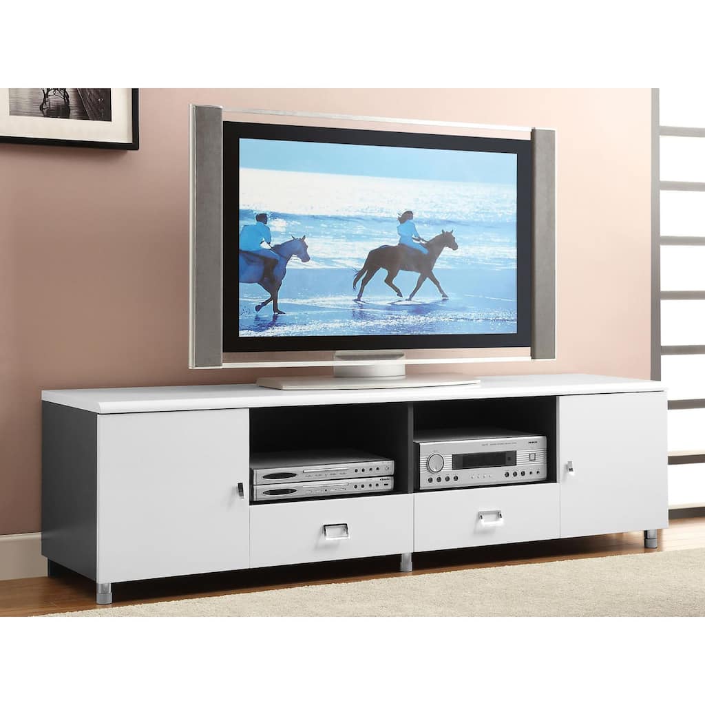 Modern Glossy White & Grey TV Stand, 71-Inch with 2 Drawers & Cabinets, Sleek Design for Living Room