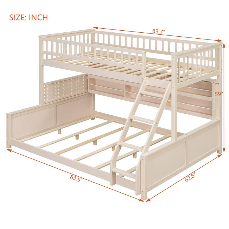 Roomfitters Twin XL over Queen Bunk Bed with Storage Shelf, Pegboard and LED Lights