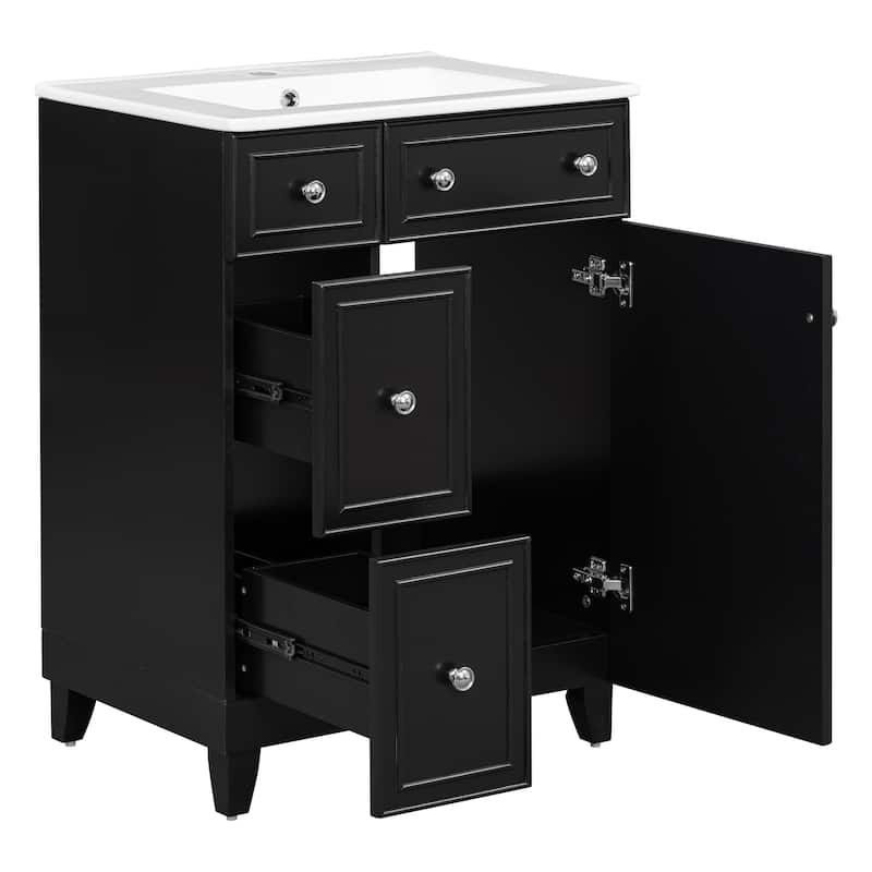 24" Bathroom Vanity Cabinet with Ceramic Sink & 2 Drawers, Bathroom Storage Cabinet Free-standing Single Sink Cabinet, Black