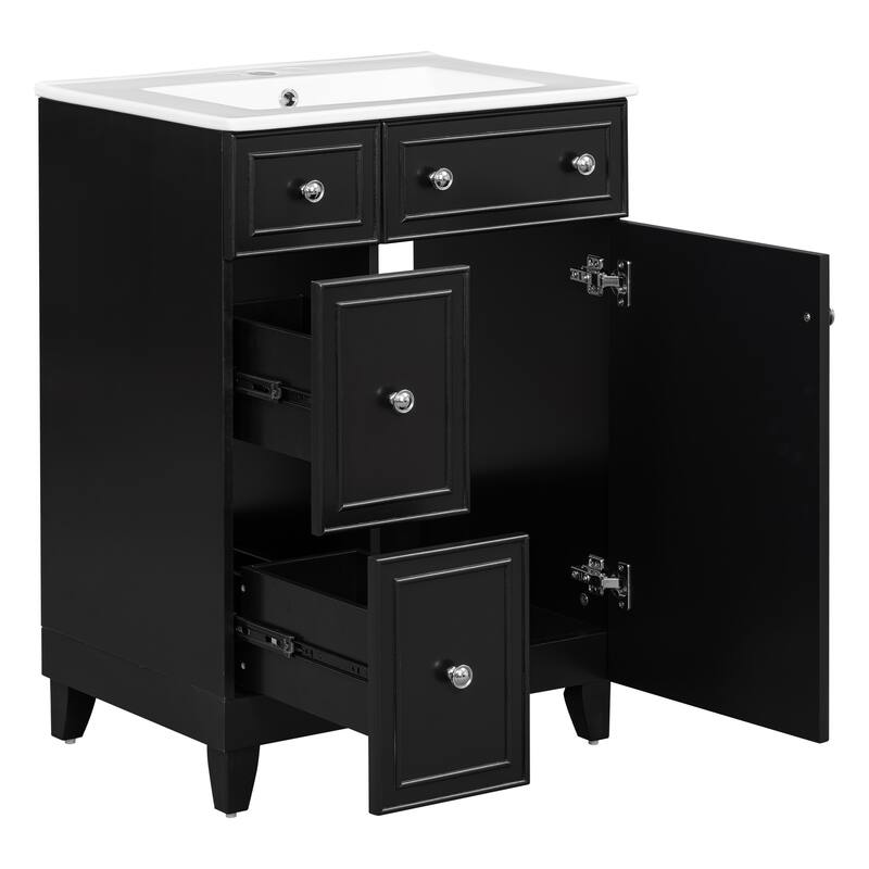 24 Inch Bathroom Vanity Cabinet with Ceramic Sink, 2 Drawers & Door, Bathroom Storage Cabinet Free-standing Single Sink Cabinet