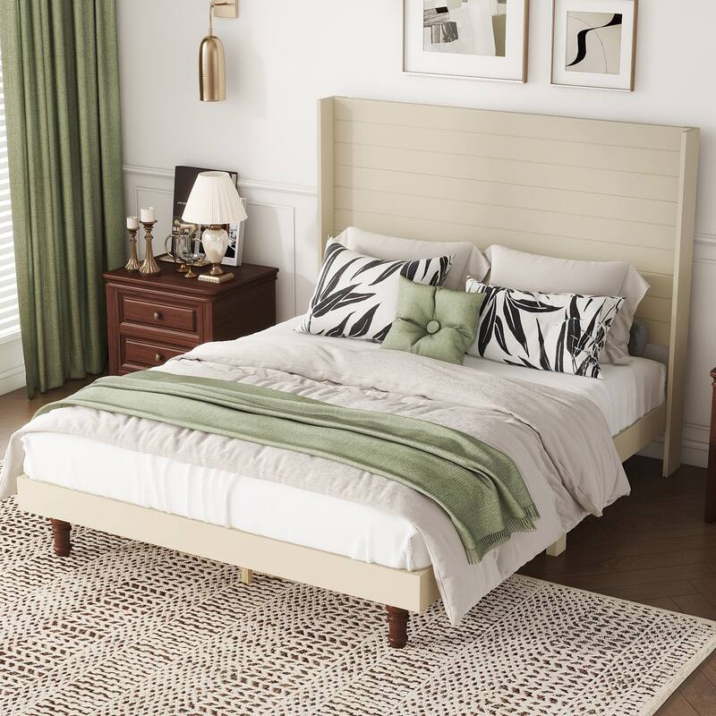 Queen Size Beige High Headboard Bed with Stylish Design for Comfortable Reading and Relaxing