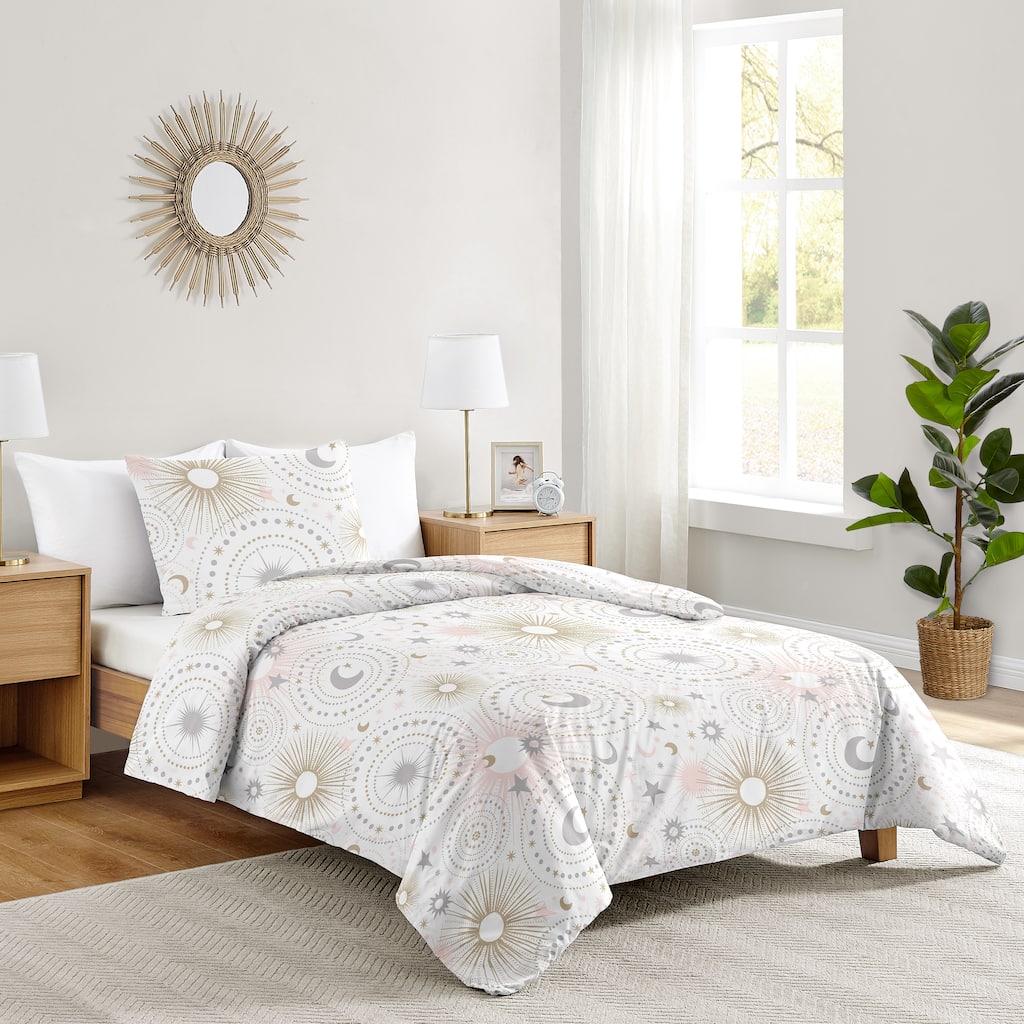 Sweet Jojo Designs Blush Pink, Gold, Grey and White Star and Moon Celestial Collection Girl 2-piece Twin-size Comforter Set -Sky
