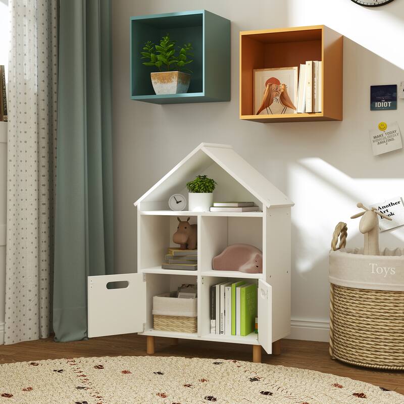 White MDF Three-Tier Bookcase for Kids Room Playroom Storage Organizer with Drawer - 25.1" L x 11.7" W x 35.2" H