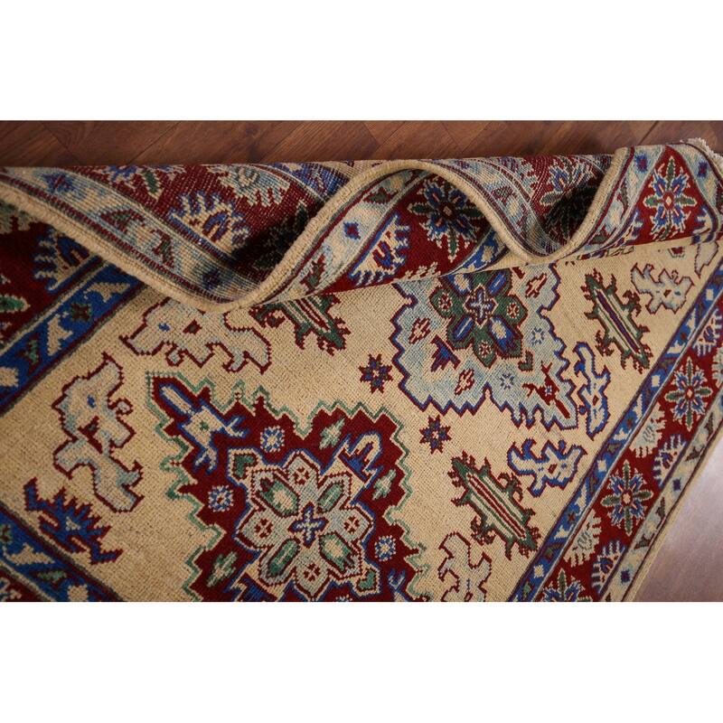 Geometric Kazak Accent Rug Handmade Yellow Wool Carpet - 3'6" x 5'1"