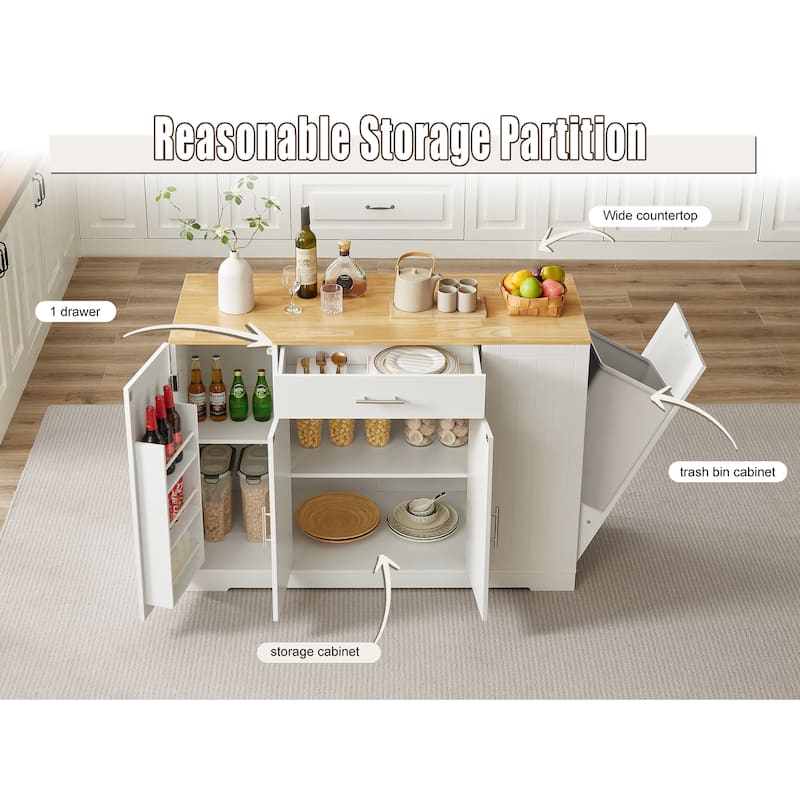 53''Kitchen Storage Islands with Drawers and Trash Can Storage for Kitchen & Dining.Modern Farmhouse Design