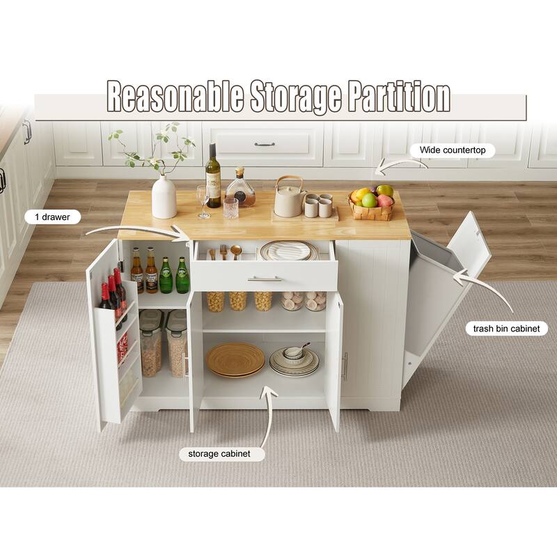 Anmytek 53 Inch Modern Farmhouse Kitchen Storage Island with Drawers Trash Can Storage White