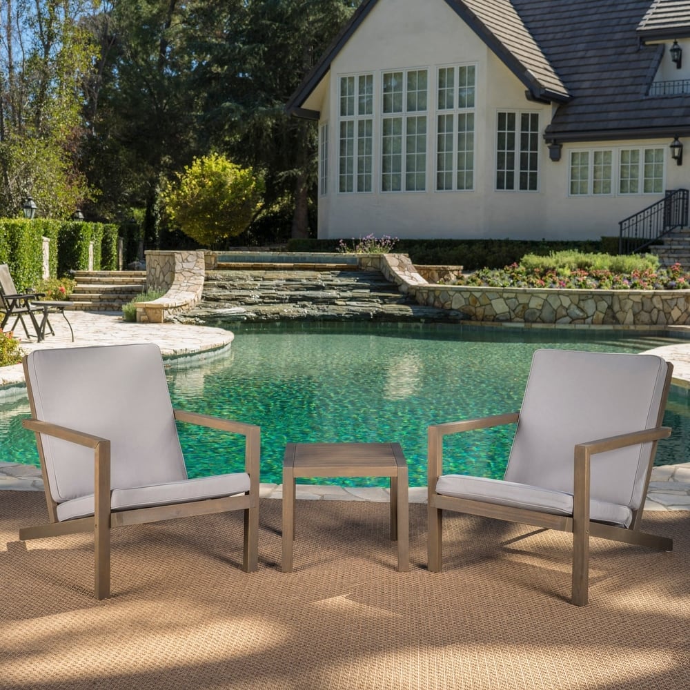 Leah Outdoor 3-piece Acacia Wood Chat Set with Cushions by Christopher Knight Home