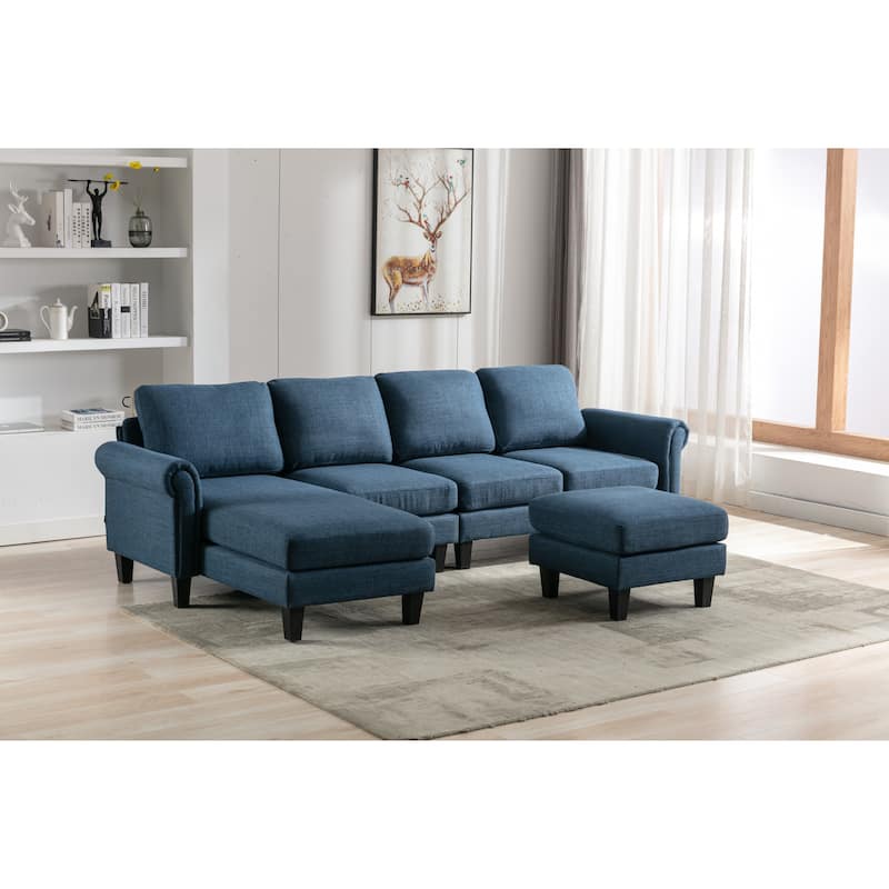 Ushape Sectional Sofa 4 Seater Polyester Sofa Lounge Chaise Couch with