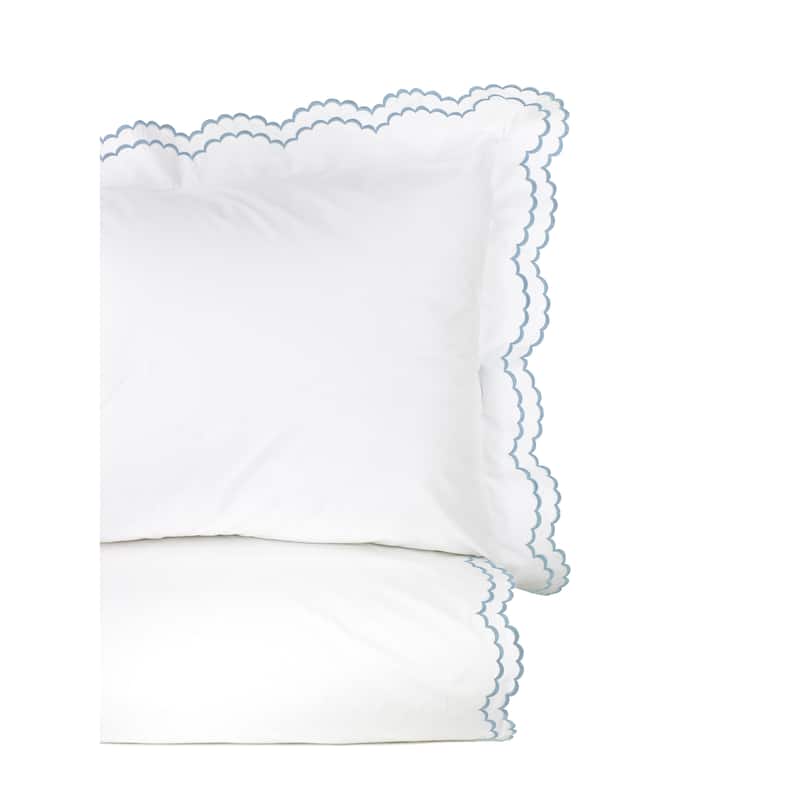 Embroidered Percale Crisp Cotton Double Scallopier Duvet Set and Sham - Blue Duvet Cover Set - Twin - 2 Piece