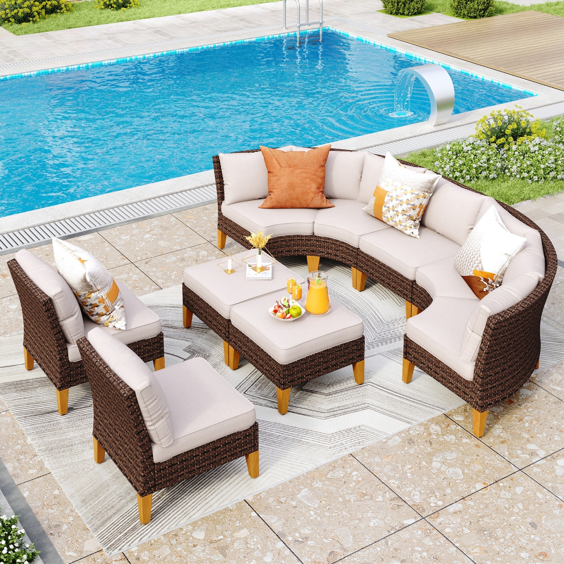 11 Piece Outdoor Wicker Half Round Furniture Set Half Moon Sectional Sofa All Weather Curved Conversation Set Bed Bath Beyond 37667050