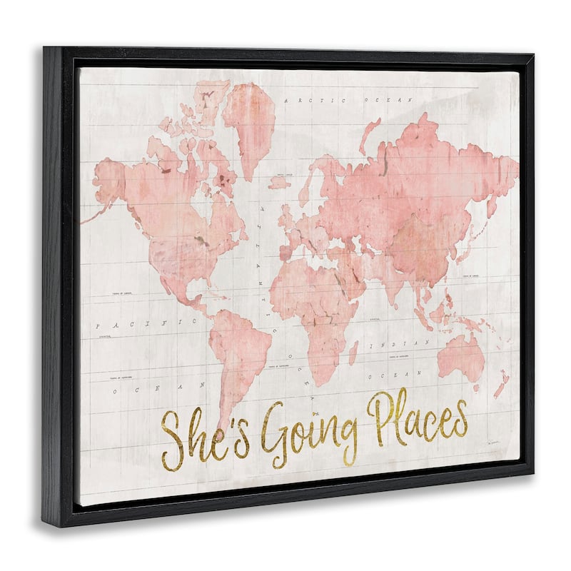 Stupell She's Going Places Quote Pink Watercolor World Map Floater Frame - Beige