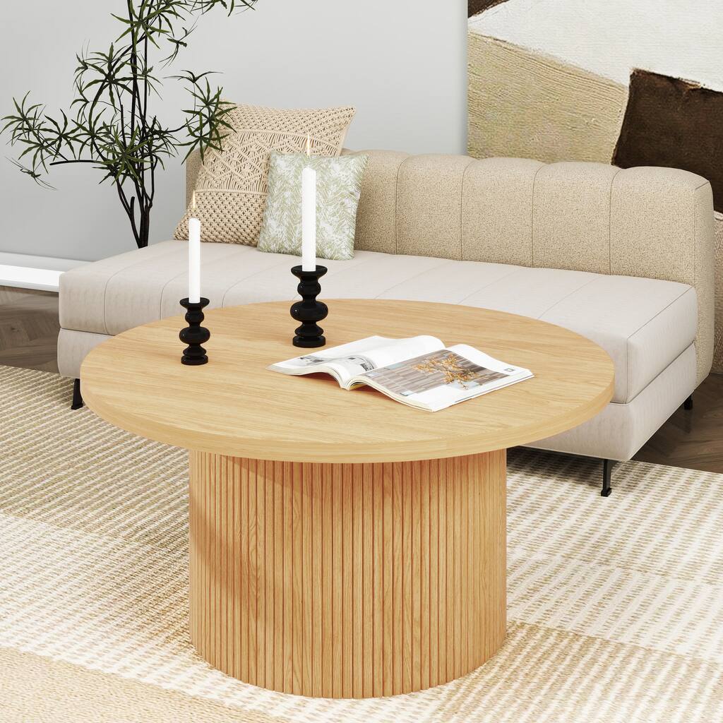 Wood Coffee Table Circle Center Table Modern Farmhouse Living Room Coffee Table Round Natural Oak Finish
