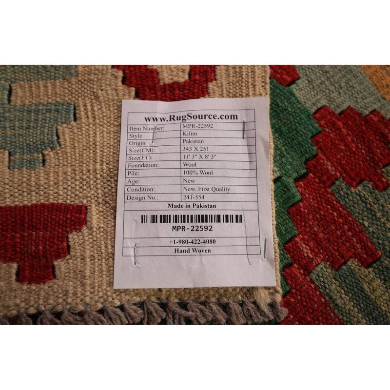 Geometric Kilim Orange Area Rug Hand-Woven Wool Carpet - 8'3" x 11'3"