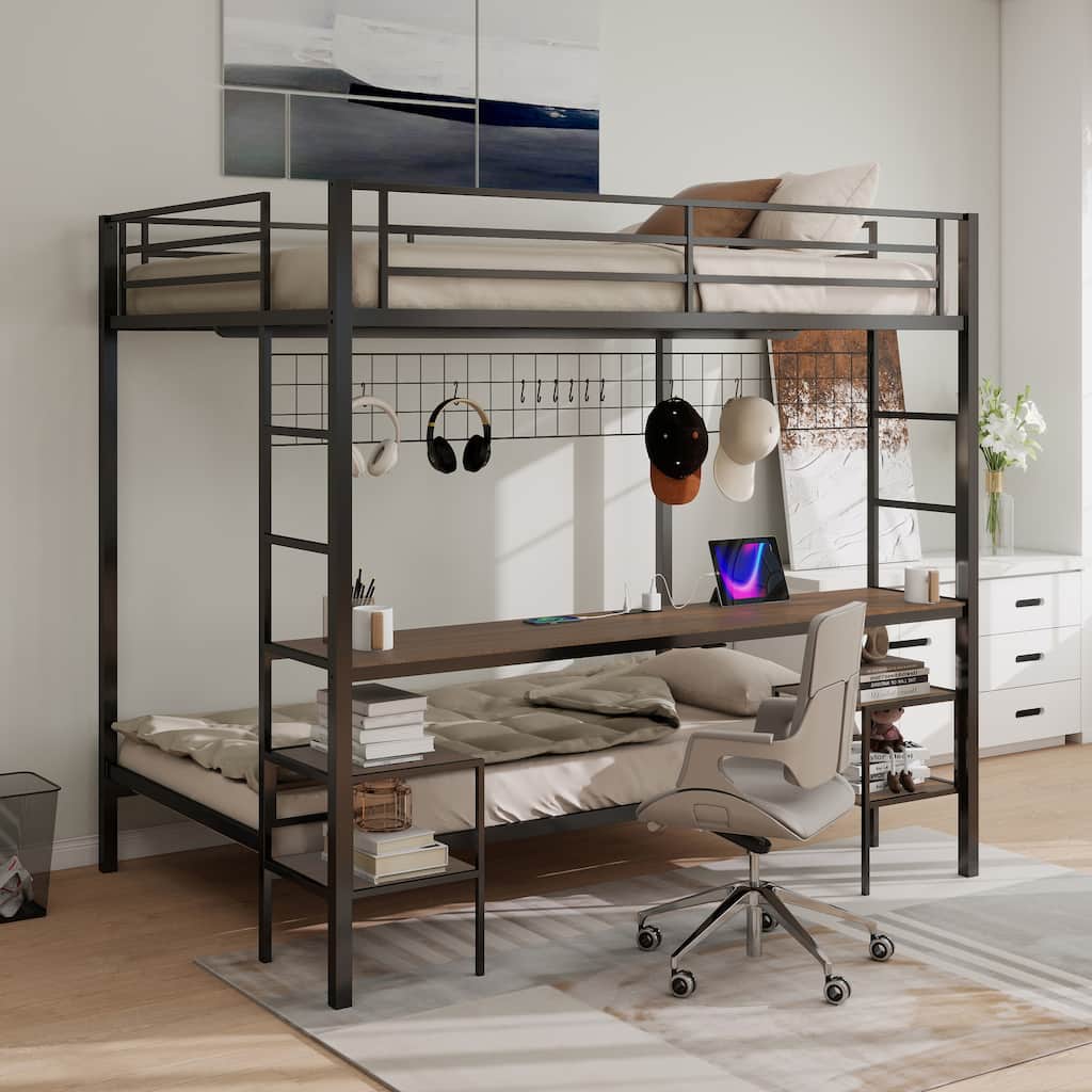 Full Over Twin Bunk Bed with Desk and Charging Station and Shelves and Metal Wire Mesh Panel with Hooks,Safety Guard & Stairs