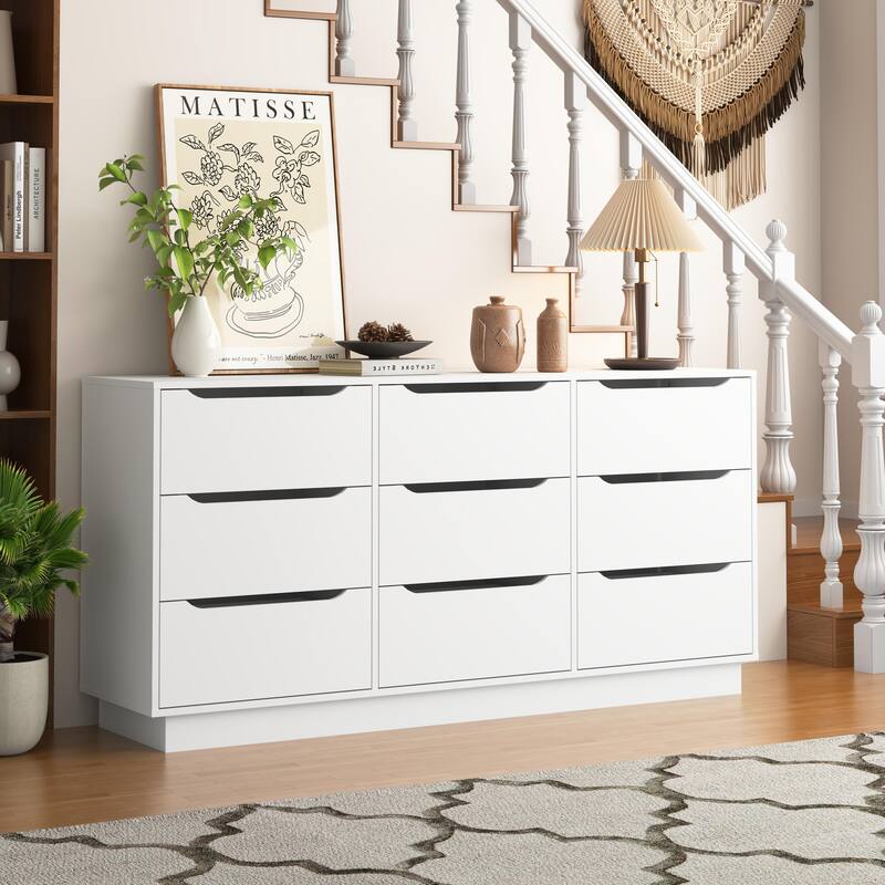9 Drawer Dresser for Bedroom with Deep Drawers, Large Floor Wood Dressers & Chest of Drawers, Modern White Long Dressers